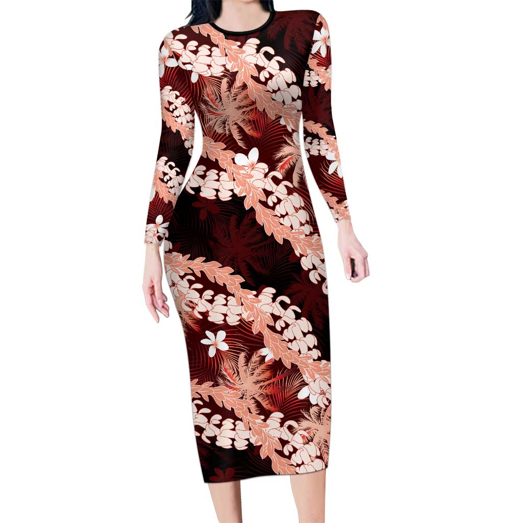 Puakenikeni Maile Lei Long Sleeve Bodycon Dress Frangipani Red Tropical Leaves