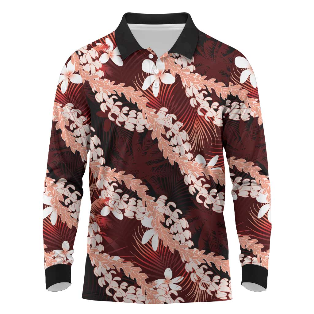 Puakenikeni Maile Lei Long Sleeve Polo Shirt Frangipani Red Tropical Leaves LT01 Red - Polynesian Pride