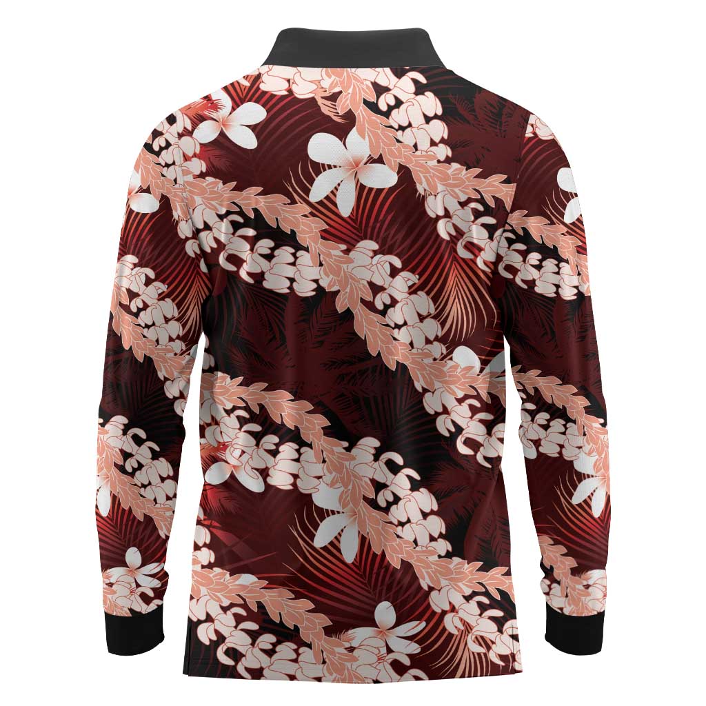Puakenikeni Maile Lei Long Sleeve Polo Shirt Frangipani Red Tropical Leaves LT01 - Polynesian Pride