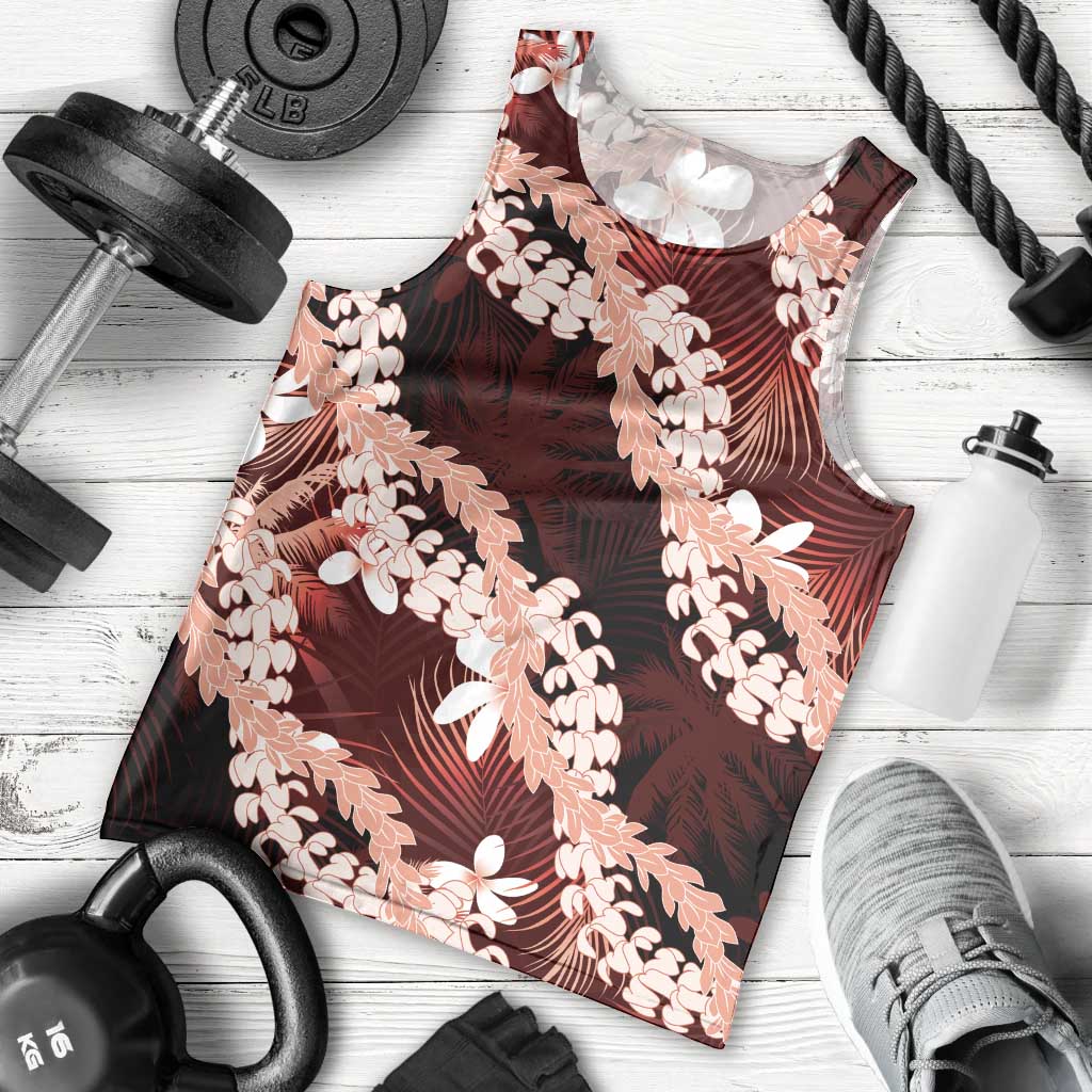 Puakenikeni Maile Lei Men Tank Top Frangipani Red Tropical Leaves LT01 - Polynesian Pride