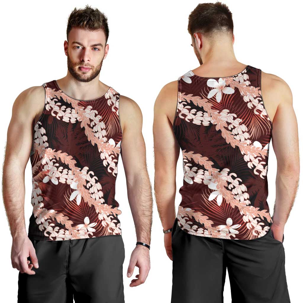 Puakenikeni Maile Lei Men Tank Top Frangipani Red Tropical Leaves LT01 - Polynesian Pride