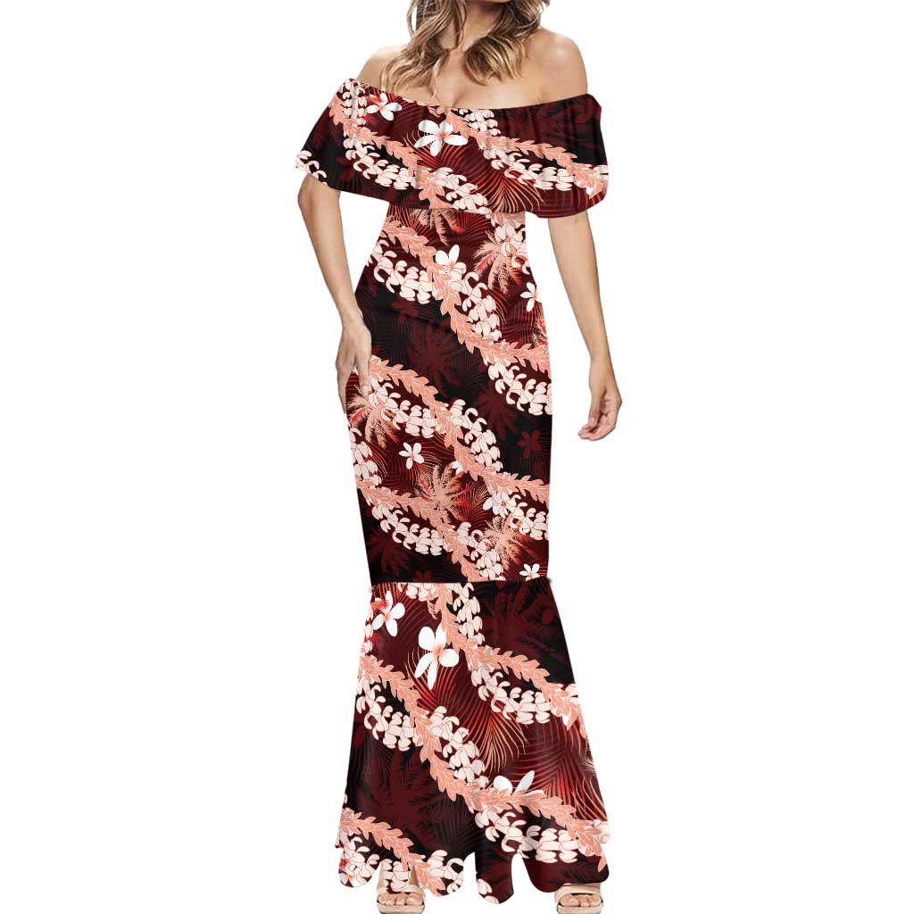 Puakenikeni Maile Lei Mermaid Dress Frangipani Red Tropical Leaves LT01 - Polynesian Pride