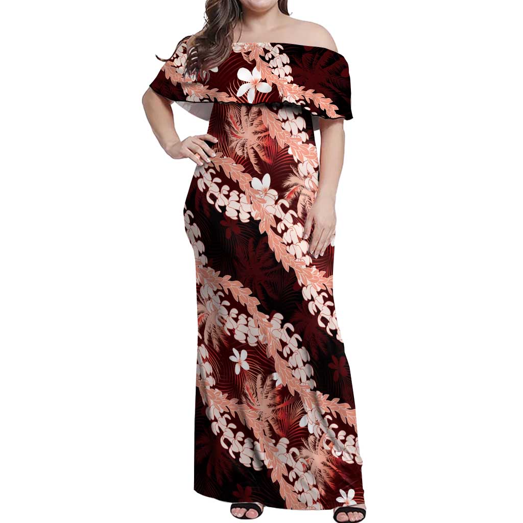 Puakenikeni Maile Lei Off Shoulder Maxi Dress Frangipani Red Tropical Leaves LT01 Women Red - Polynesian Pride