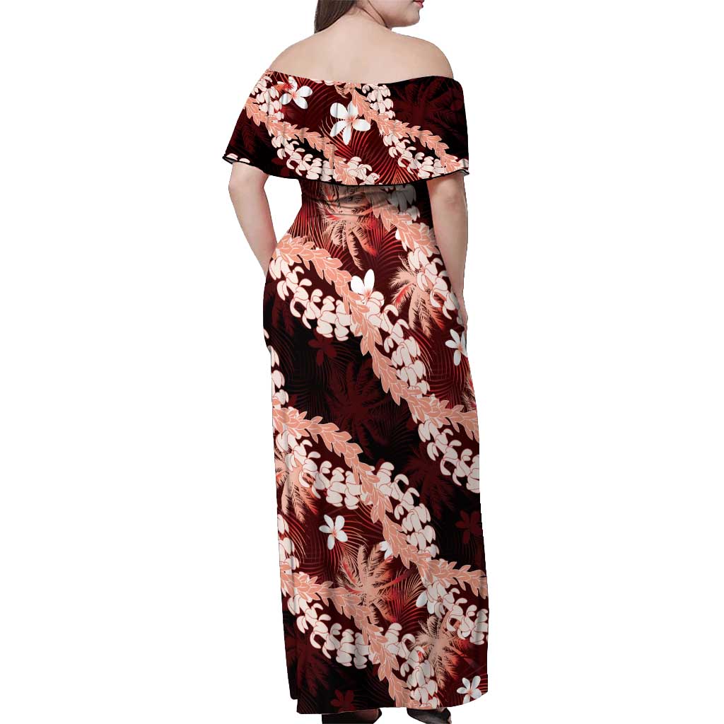 Puakenikeni Maile Lei Off Shoulder Maxi Dress Frangipani Red Tropical Leaves LT01 - Polynesian Pride