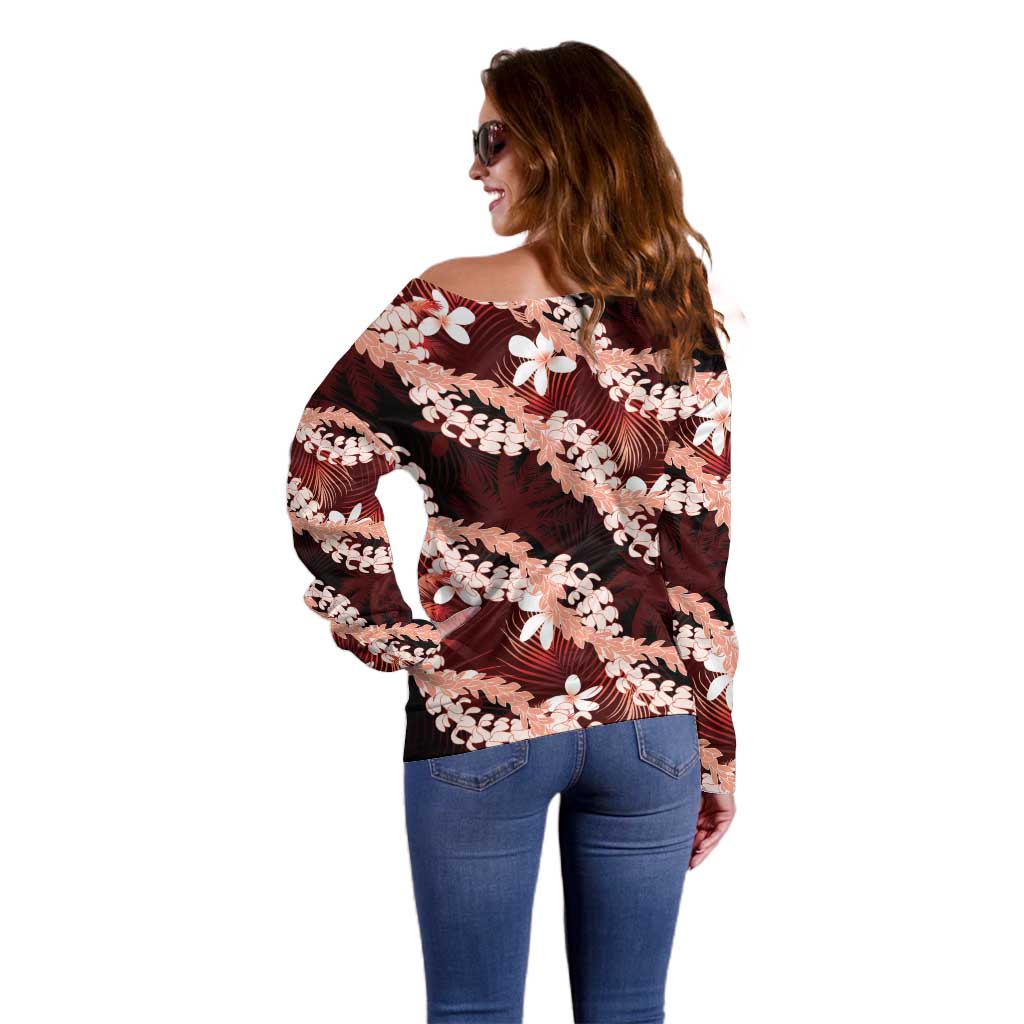 Puakenikeni Maile Lei Off Shoulder Sweater Frangipani Red Tropical Leaves LT01 - Polynesian Pride