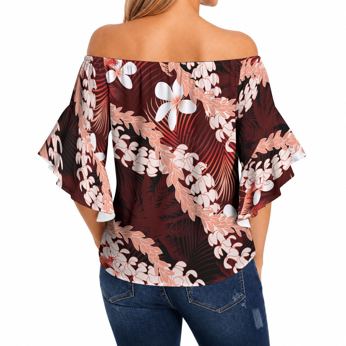 Puakenikeni Maile Lei Off Shoulder Wrap Waist Top Frangipani Red Tropical Leaves LT01 - Polynesian Pride