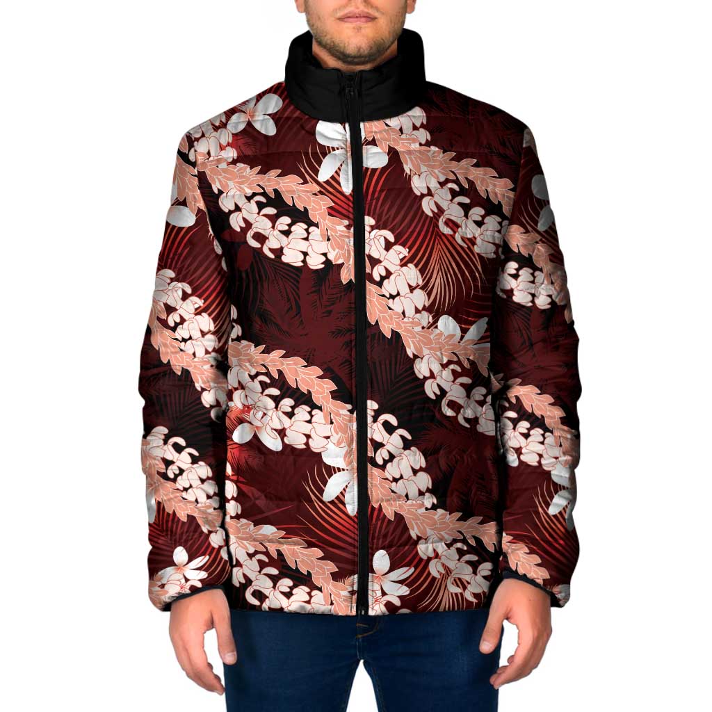 Puakenikeni Maile Lei Padded Jacket Frangipani Red Tropical Leaves LT01 Men Red - Polynesian Pride
