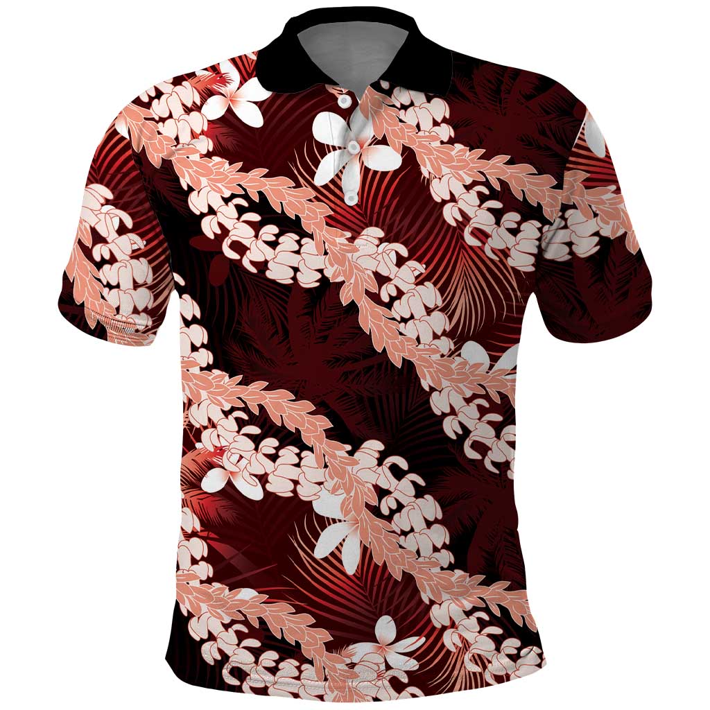 Puakenikeni Maile Lei Polo Shirt Frangipani Red Tropical Leaves