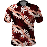 Puakenikeni Maile Lei Polo Shirt Frangipani Red Tropical Leaves