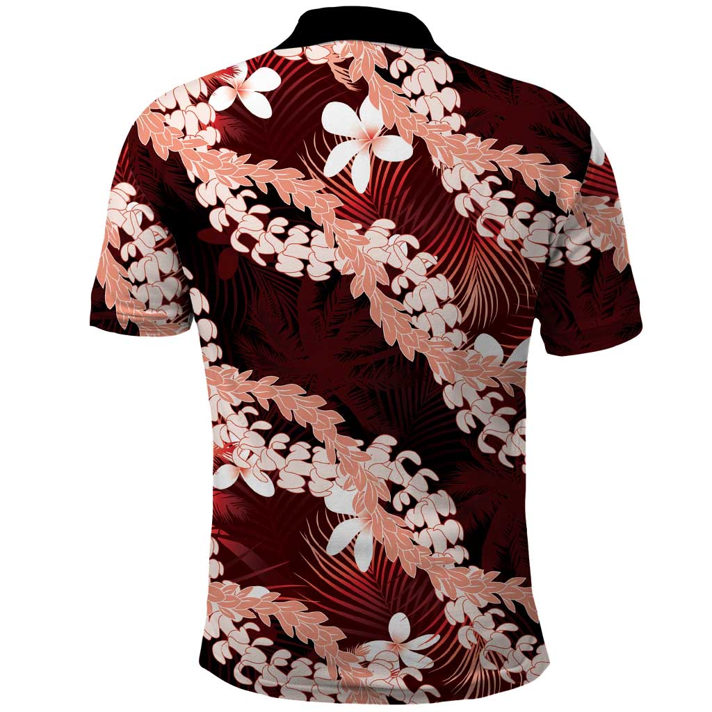 Puakenikeni Maile Lei Polo Shirt Frangipani Red Tropical Leaves