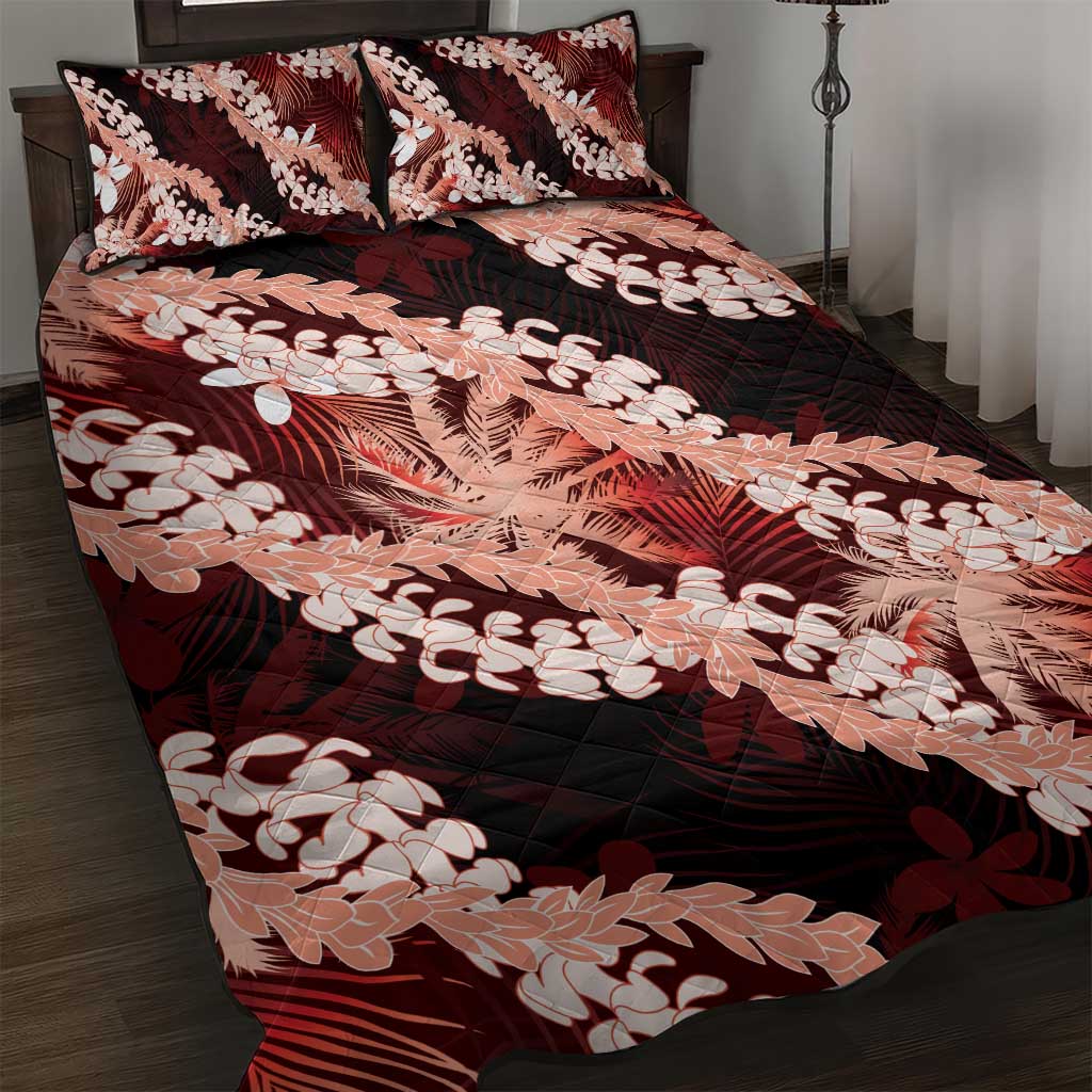Puakenikeni Maile Lei Quilt Bed Set Frangipani Red Tropical Leaves