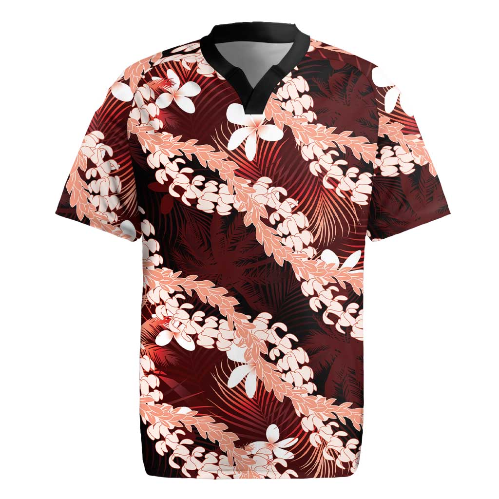 Puakenikeni Maile Lei Rugby Jersey Frangipani Red Tropical Leaves