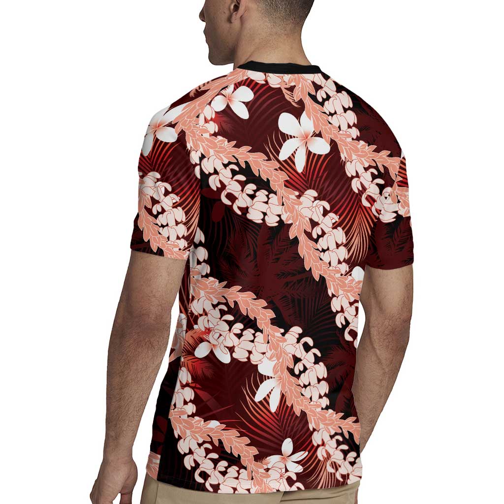 Puakenikeni Maile Lei Rugby Jersey Frangipani Red Tropical Leaves LT01 - Polynesian Pride