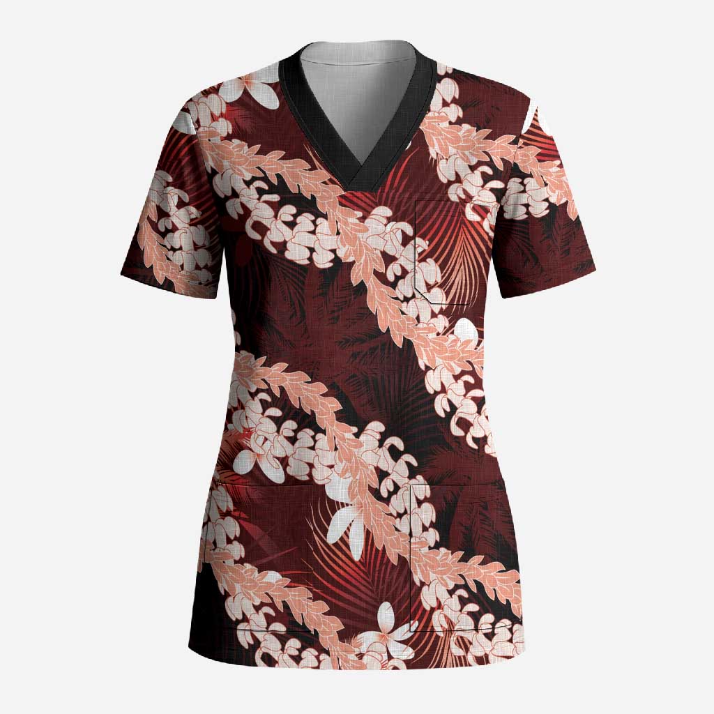 Puakenikeni Maile Lei Scrub Top Frangipani Red Tropical Leaves LT01 Adult Red - Polynesian Pride