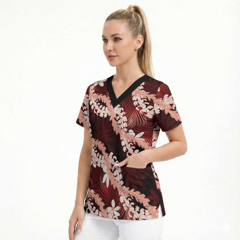 Puakenikeni Maile Lei Scrub Top Frangipani Red Tropical Leaves LT01 - Polynesian Pride