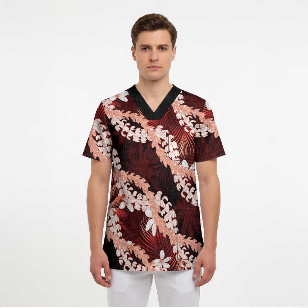 Puakenikeni Maile Lei Scrub Top Frangipani Red Tropical Leaves LT01 - Polynesian Pride