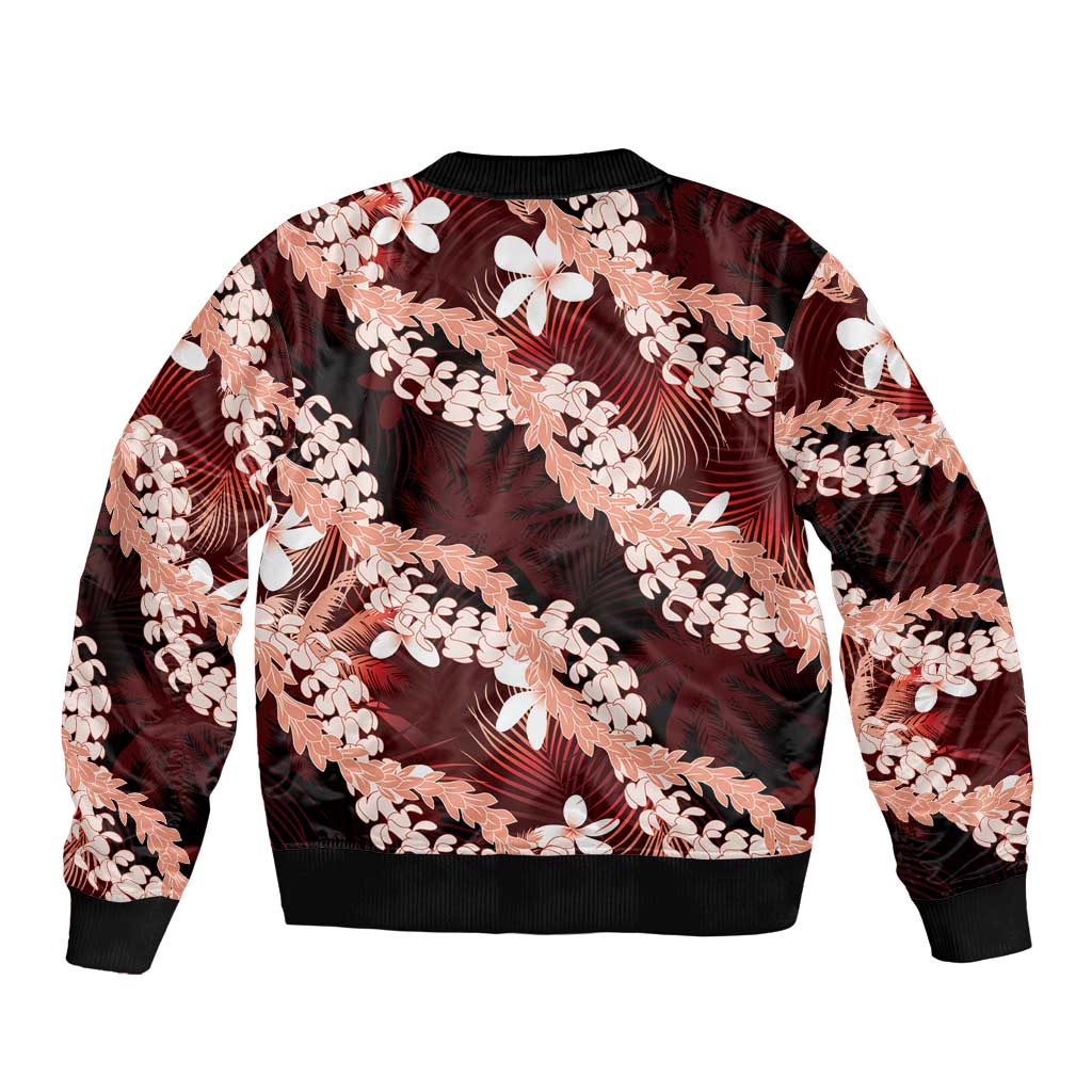 Puakenikeni Maile Lei Sleeve Zip Bomber Jacket Frangipani Red Tropical Leaves