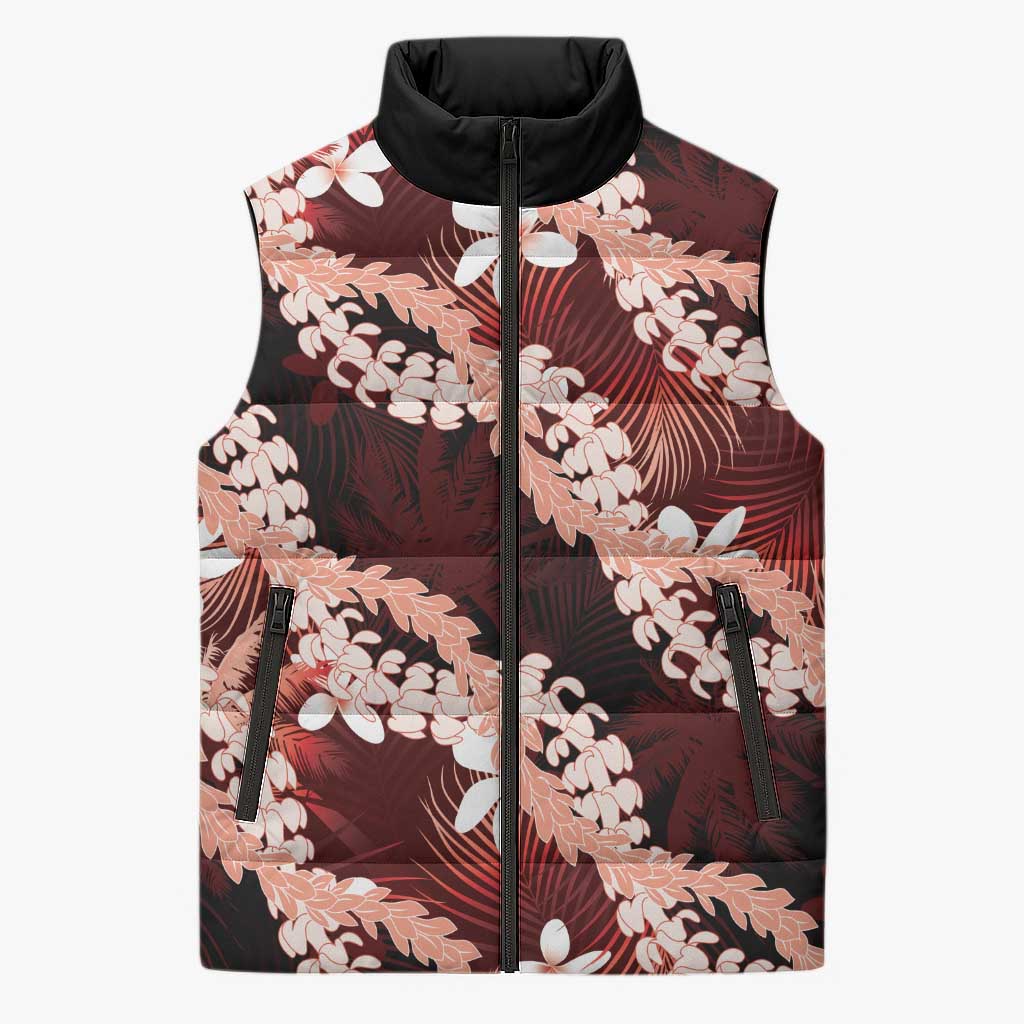 Puakenikeni Maile Lei Sleeveless Puffer Jacket Frangipani Red Tropical Leaves LT01 Unisex Red - Polynesian Pride