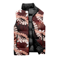 Puakenikeni Maile Lei Sleeveless Puffer Jacket Frangipani Red Tropical Leaves LT01 - Polynesian Pride