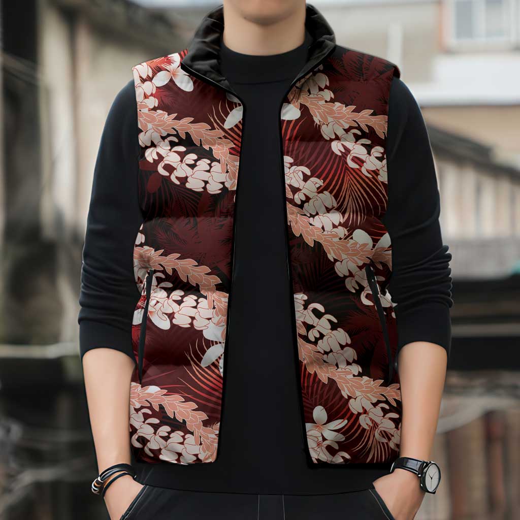 Puakenikeni Maile Lei Sleeveless Puffer Jacket Frangipani Red Tropical Leaves LT01 - Polynesian Pride