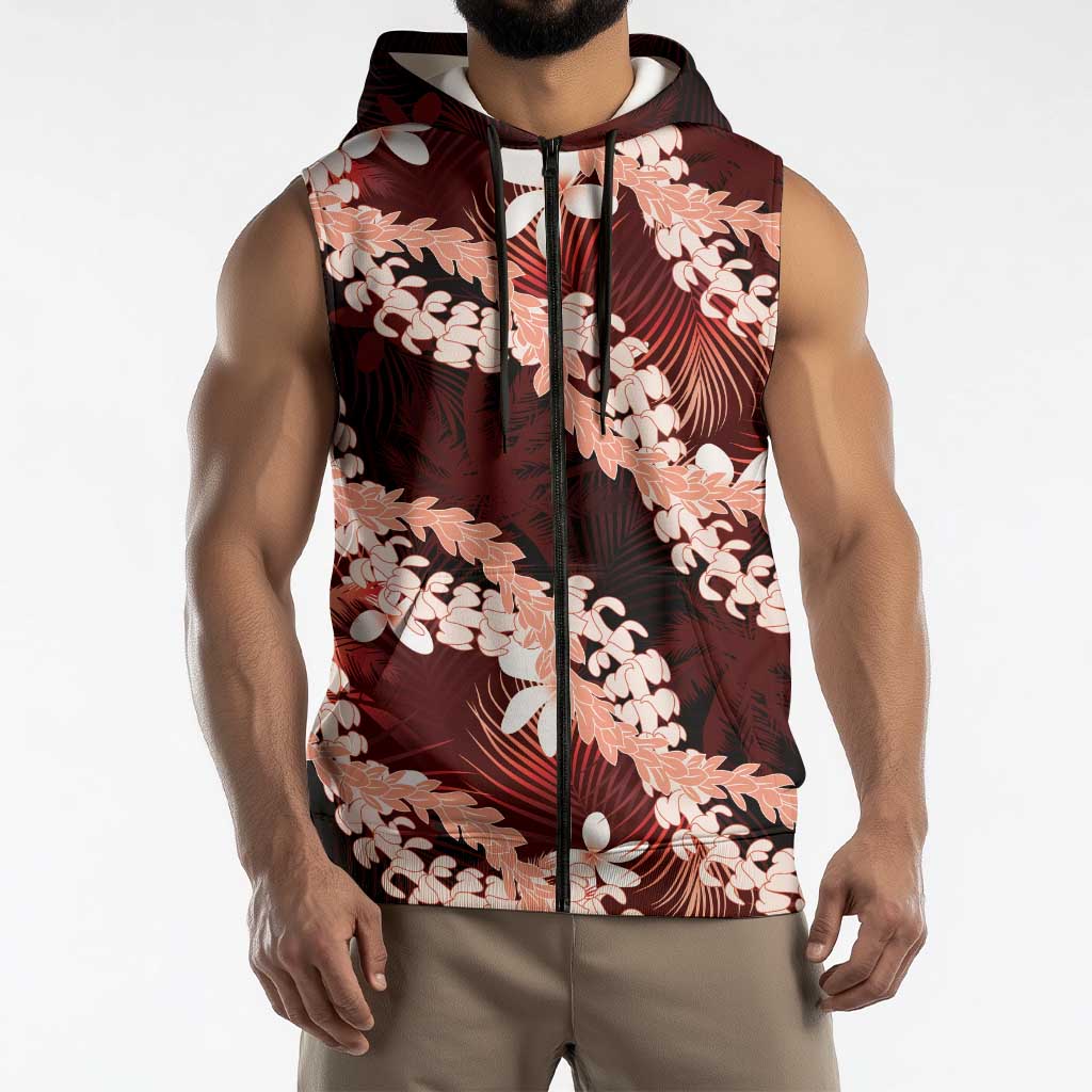 Puakenikeni Maile Lei Sleeveless Zip Hoodie Frangipani Red Tropical Leaves LT01 - Polynesian Pride