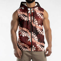 Puakenikeni Maile Lei Sleeveless Zip Hoodie Frangipani Red Tropical Leaves LT01 - Polynesian Pride
