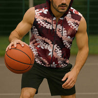 Puakenikeni Maile Lei Sleeveless Zip Hoodie Frangipani Red Tropical Leaves LT01 - Polynesian Pride
