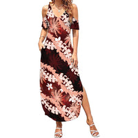 Puakenikeni Maile Lei Summer Maxi Dress Frangipani Red Tropical Leaves LT01 Women Red - Polynesian Pride
