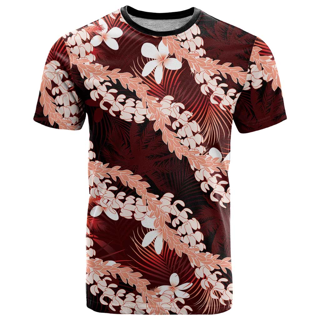 Puakenikeni Maile Lei T Shirt Frangipani Red Tropical Leaves LT01 Red - Polynesian Pride