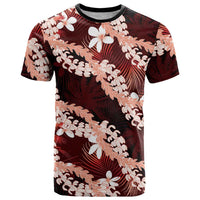 Puakenikeni Maile Lei T Shirt Frangipani Red Tropical Leaves LT01 Red - Polynesian Pride