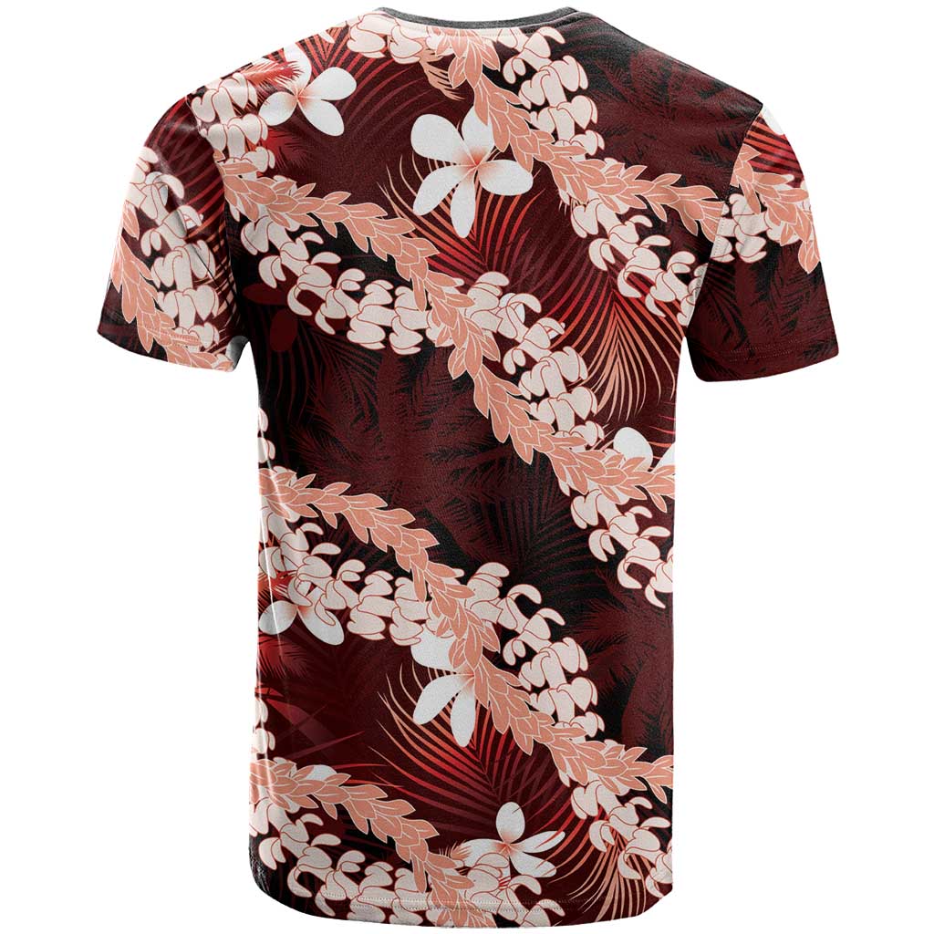 Puakenikeni Maile Lei T Shirt Frangipani Red Tropical Leaves LT01 - Polynesian Pride