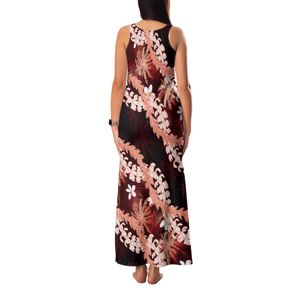 Puakenikeni Maile Lei Tank Maxi Dress Frangipani Red Tropical Leaves LT01 - Polynesian Pride