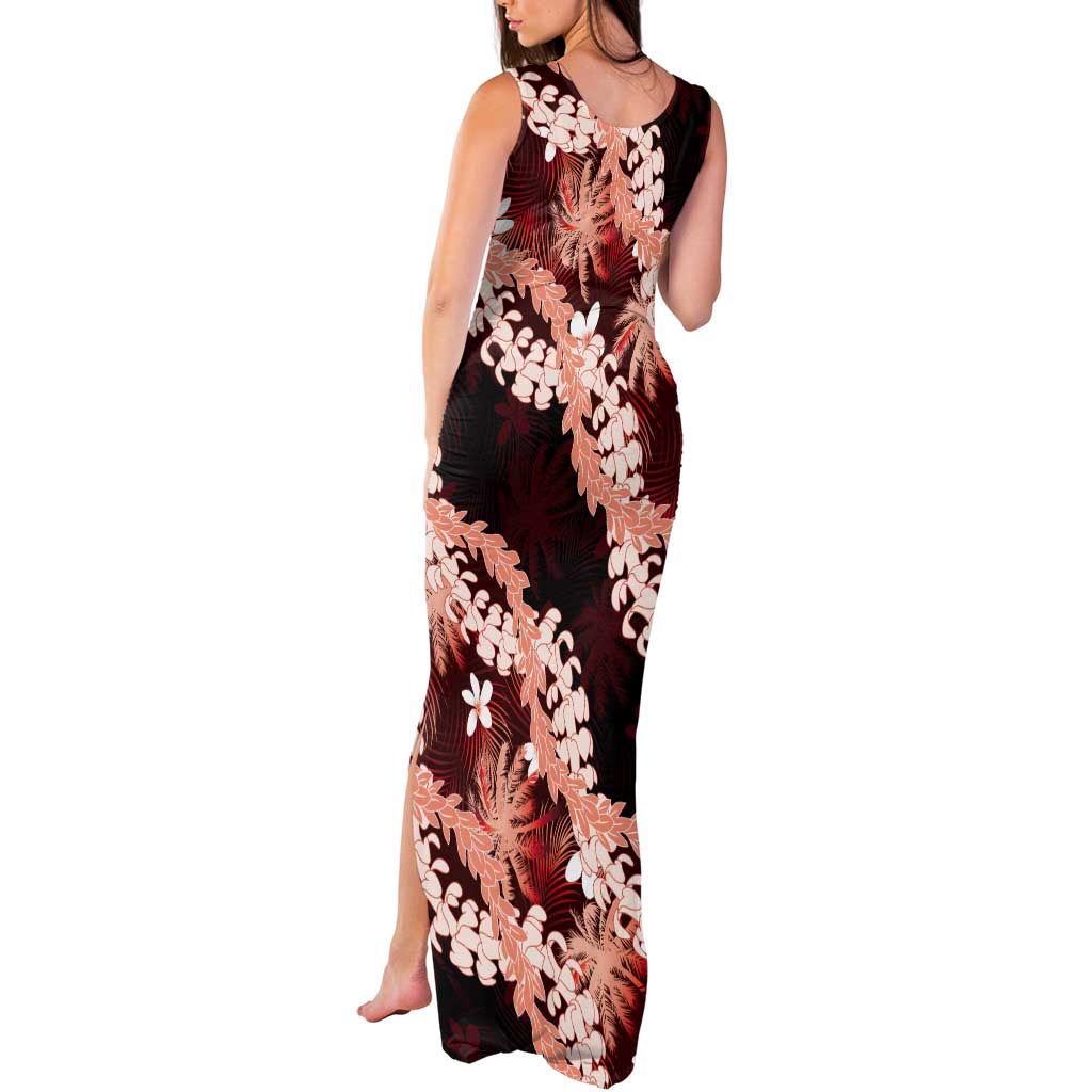 Puakenikeni Maile Lei Tank Maxi Dress Frangipani Red Tropical Leaves LT01 - Polynesian Pride