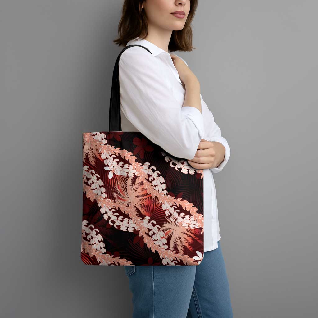 Puakenikeni Maile Lei Tote Bag Frangipani Red Tropical Leaves LT01 - Polynesian Pride