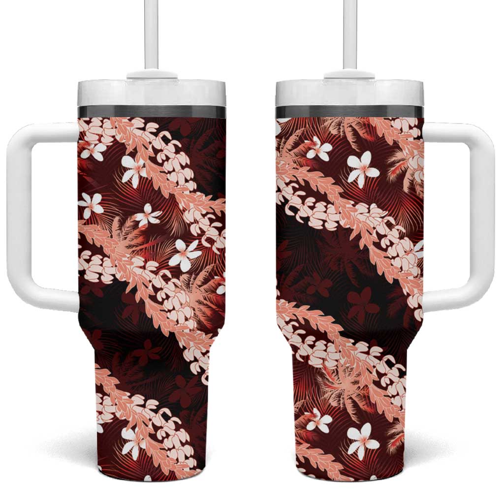 Puakenikeni Maile Lei Tumbler With Handle Frangipani Red Tropical Leaves LT01 One Size: 40 oz Red - Polynesian Pride