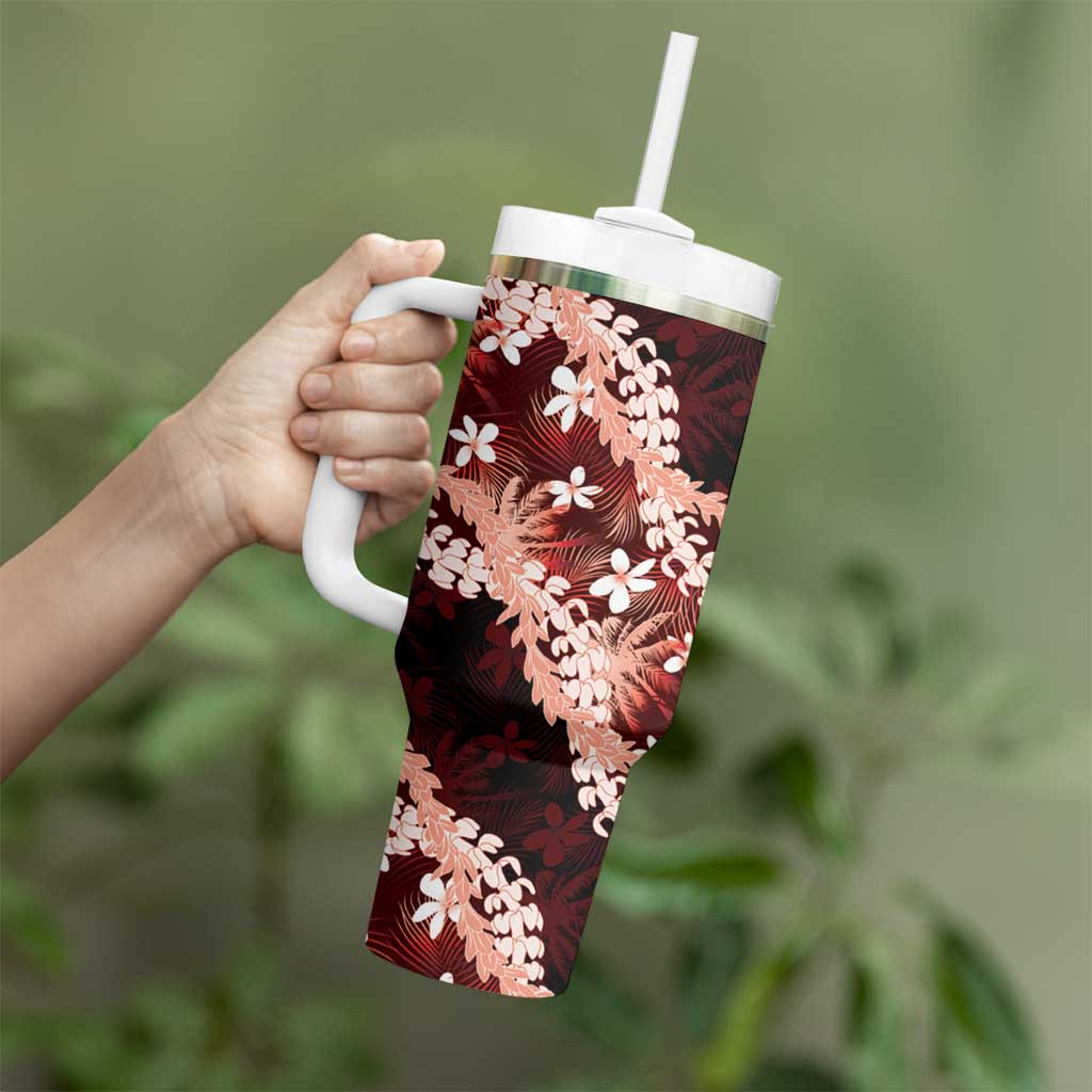 Puakenikeni Maile Lei Tumbler With Handle Frangipani Red Tropical Leaves LT01 - Polynesian Pride
