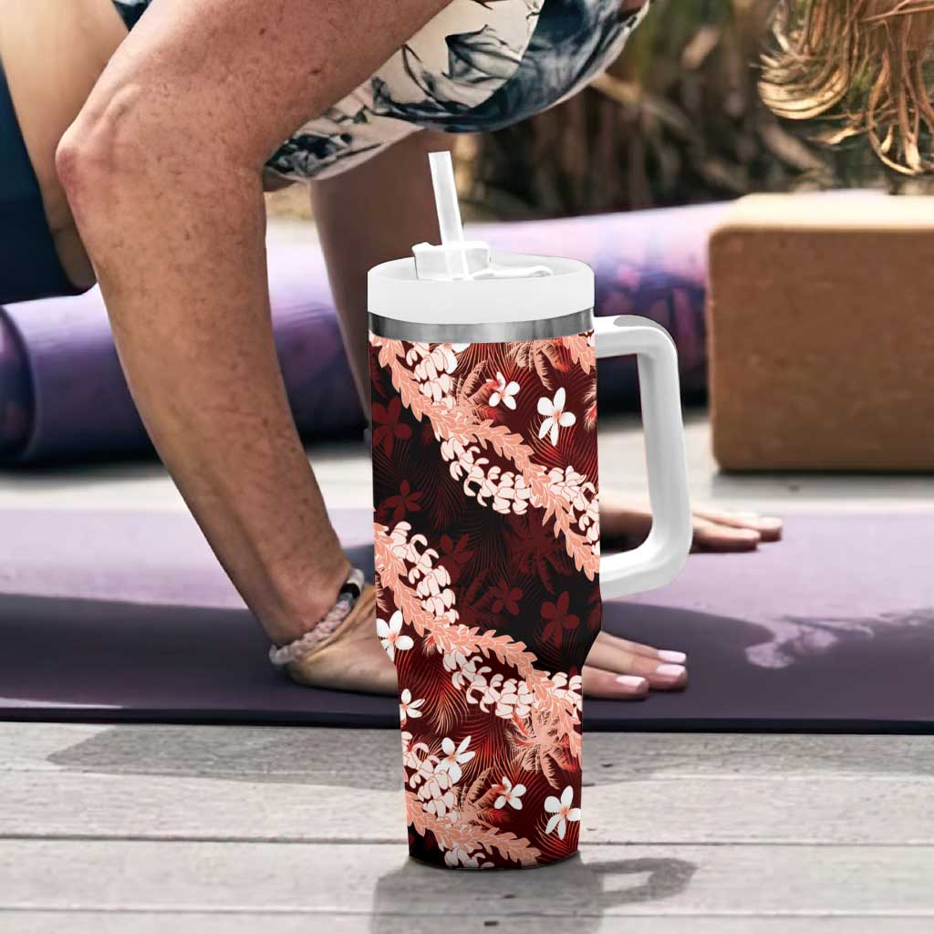 Puakenikeni Maile Lei Tumbler With Handle Frangipani Red Tropical Leaves LT01 - Polynesian Pride
