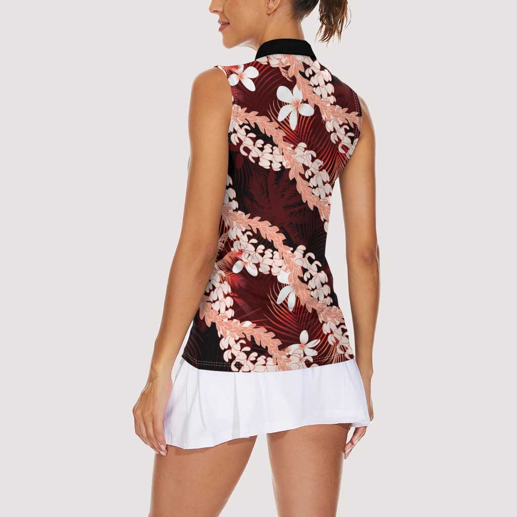 Puakenikeni Maile Lei Women Sleeveless Polo Shirt Frangipani Red Tropical Leaves