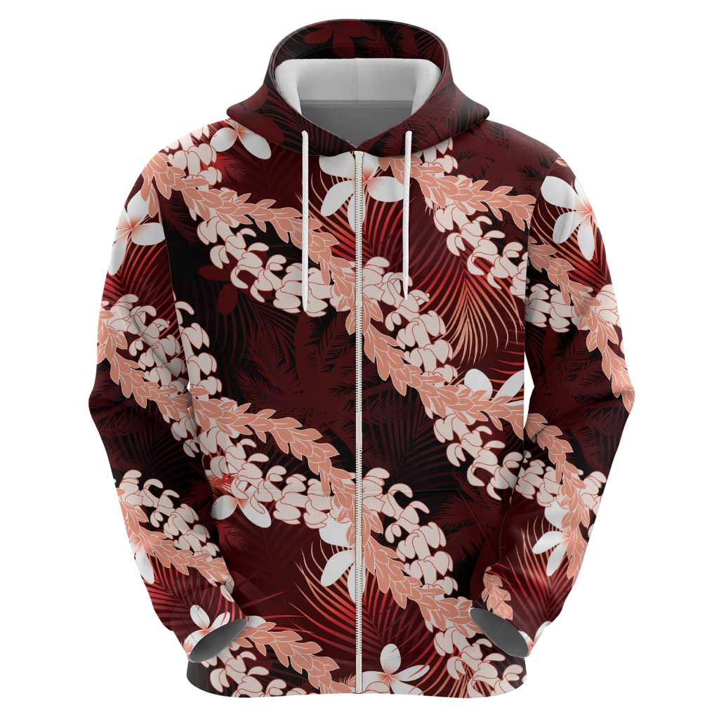 Puakenikeni Maile Lei Zip Hoodie Frangipani Red Tropical Leaves LT01 - Polynesian Pride
