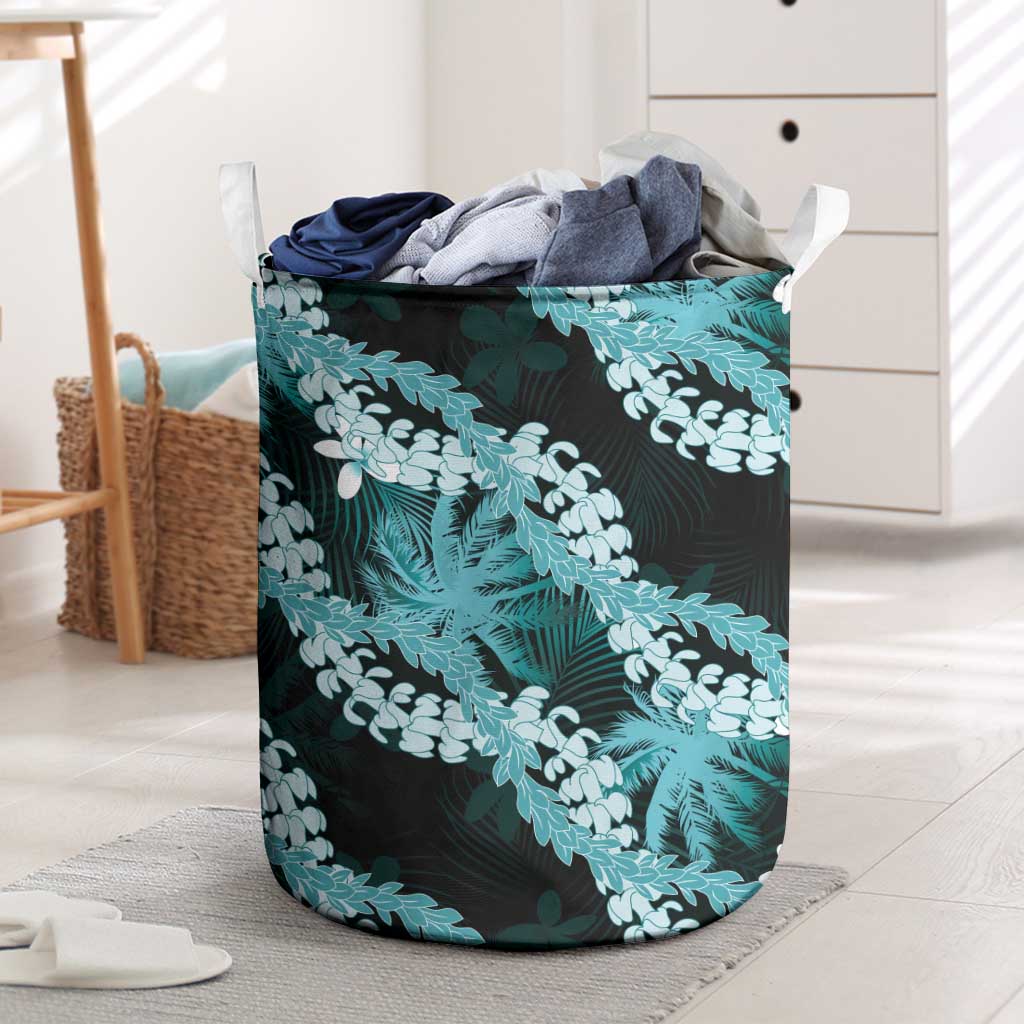 Puakenikeni Maile Lei Laundry Basket Frangipani Turquoise Tropical Leaves