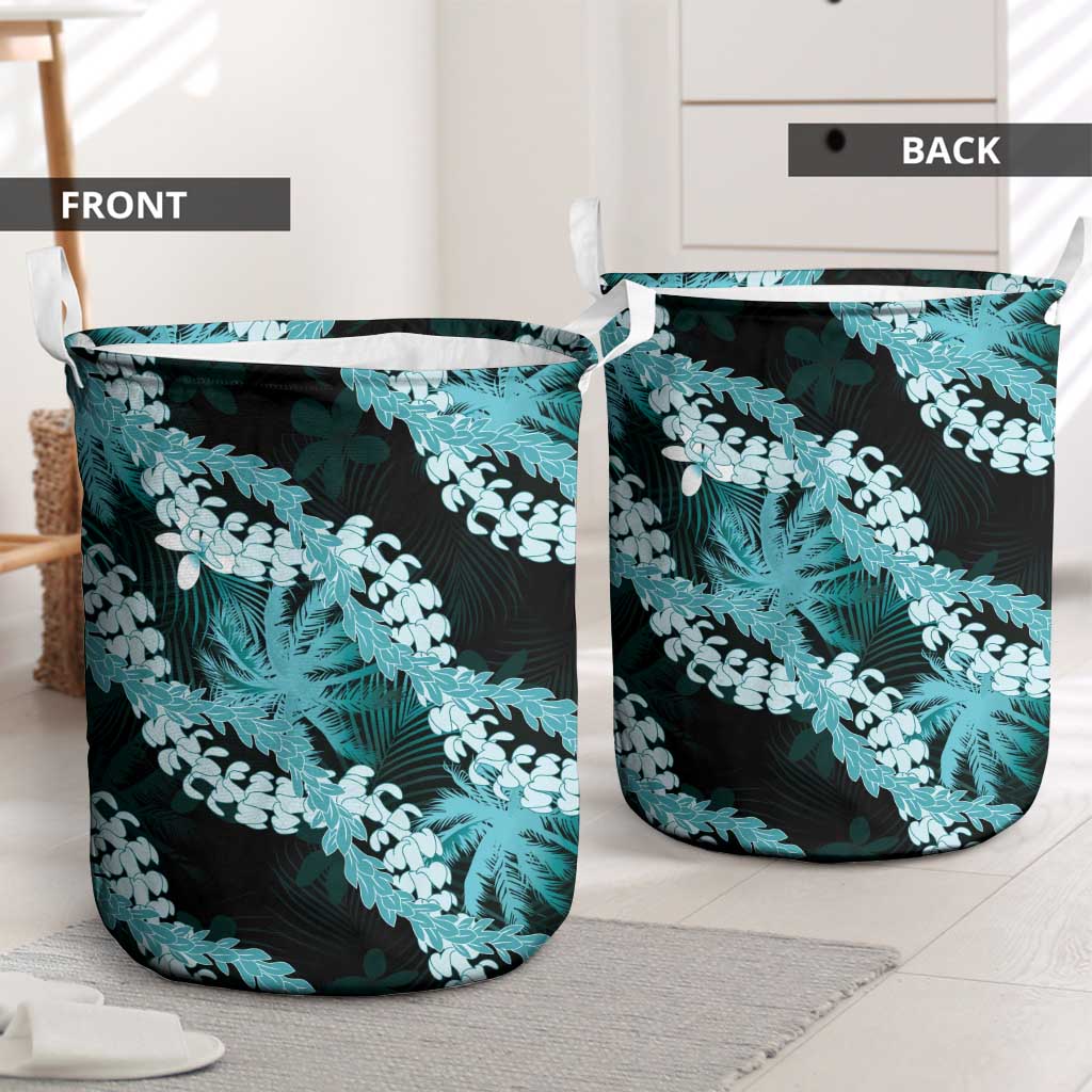 Puakenikeni Maile Lei Laundry Basket Frangipani Turquoise Tropical Leaves