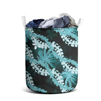 Puakenikeni Maile Lei Laundry Basket Frangipani Turquoise Tropical Leaves