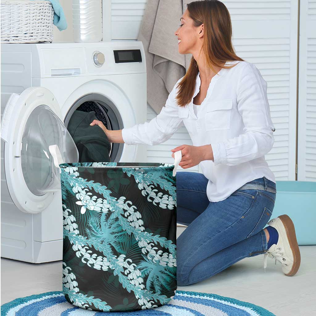 Puakenikeni Maile Lei Laundry Basket Frangipani Turquoise Tropical Leaves