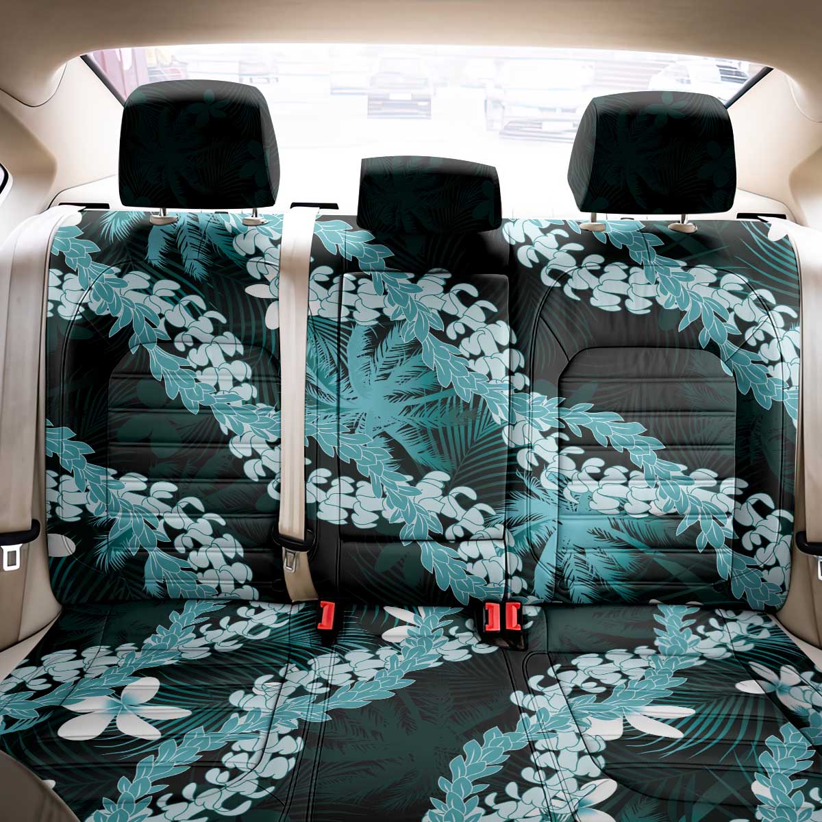 Puakenikeni Maile Lei Back Car Seat Cover Frangipani Turquoise Tropical Leaves LT01 - Polynesian Pride