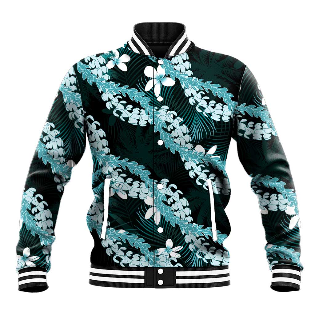 Puakenikeni Maile Lei Baseball Jacket Frangipani Turquoise Tropical Leaves LT01 Unisex Turquoise - Polynesian Pride