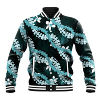 Puakenikeni Maile Lei Baseball Jacket Frangipani Turquoise Tropical Leaves LT01 Unisex Turquoise - Polynesian Pride