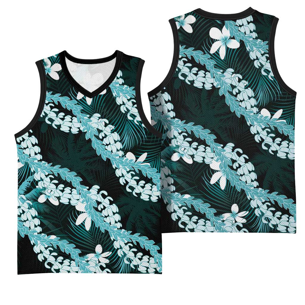 Puakenikeni Maile Lei Basketball Jersey Frangipani Turquoise Tropical Leaves LT01 - Polynesian Pride