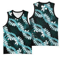Puakenikeni Maile Lei Basketball Jersey Frangipani Turquoise Tropical Leaves LT01 - Polynesian Pride