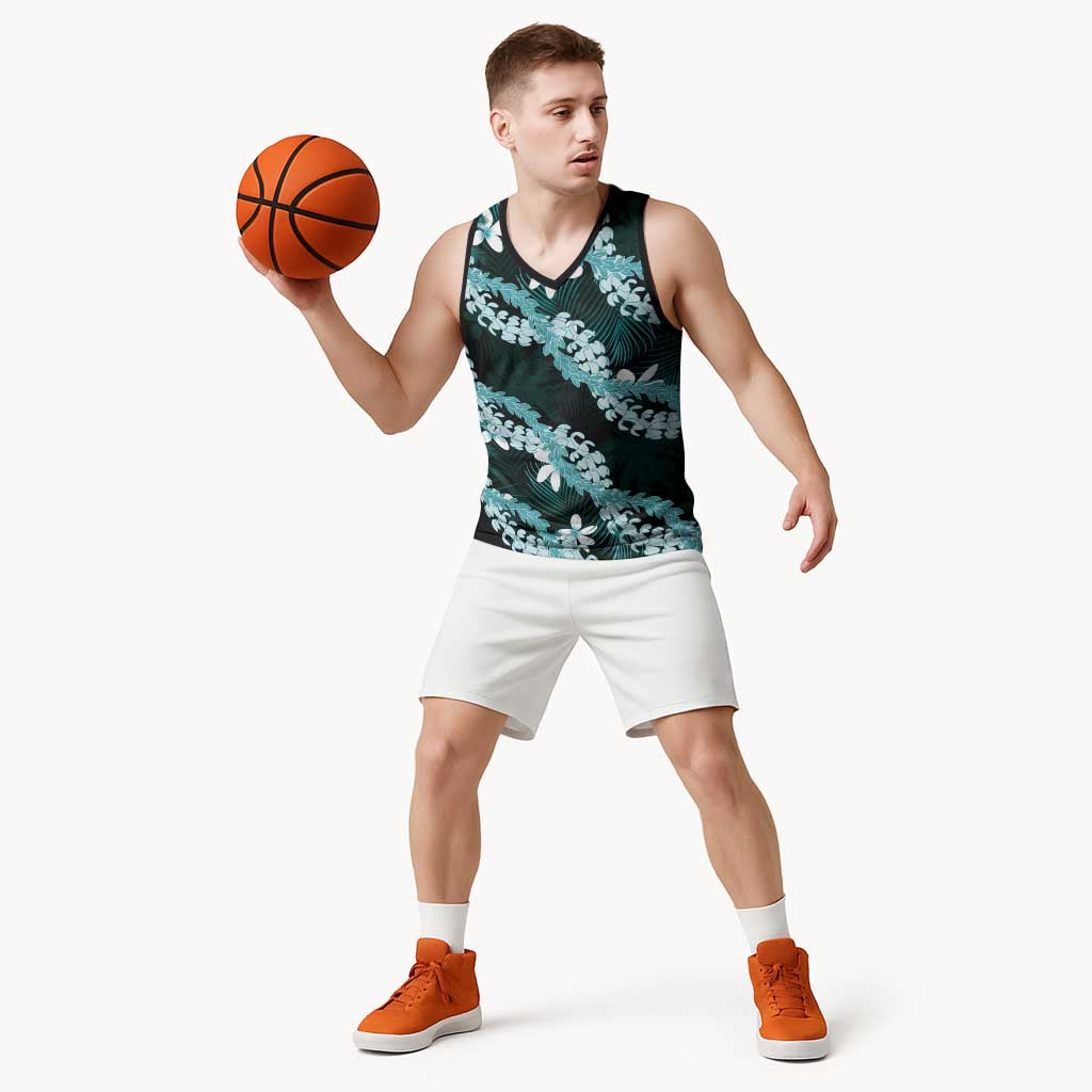 Puakenikeni Maile Lei Basketball Jersey Frangipani Turquoise Tropical Leaves LT01 - Polynesian Pride