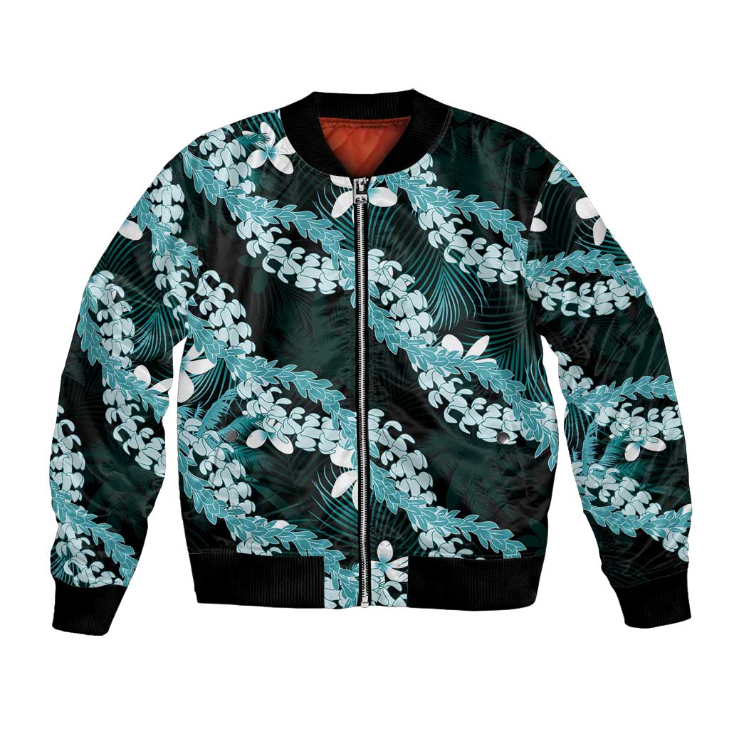 Puakenikeni Maile Lei Bomber Jacket Frangipani Turquoise Tropical Leaves LT01 Unisex Turquoise - Polynesian Pride